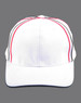A structured cap featuring a tri-colour design with white, red, and navy blue accents, complete with a logo.