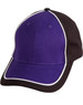 A two-tone cap featuring a purple front and black bill, with white piping along the seams and a logo.