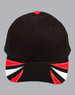 A black cap with tri-colour accents of red, white, and black, featuring a logo on the front.