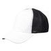 A black and white Premium Cotton Twill Trucker Cap with a solid front and mesh back, featuring a logo.