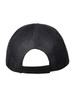 A black Premium Cotton Twill Trucker Cap featuring a mesh back and adjustable strap. It has a logo on it.