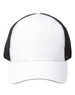 A Premium Cotton Twill Trucker Cap in white with black mesh sides and a logo on the front.