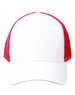A Premium Cotton Twill Trucker Cap in white with red mesh panels and a plain design, featuring a logo.