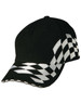 A black cap featuring a checkered racing design in white. It has a logo on the front.