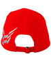A red cap with a racing check pattern and a logo on the back, featuring an adjustable strap.