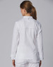 A white ladies' chef jacket with a fitted design, viewed from the back, featuring a small logo on the shoulder.