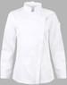 A white ladies' functional chef jacket with a mandarin collar and a sleeve pocket. Features include a stylish asymmetric design.