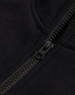 A close-up of a black half-zip collar fleecy jumper featuring a smooth zipper and soft fabric texture.