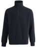 A dark navy 1/2 zip collar fleecy jumper featuring a zip and cuffs. It has a simple design and a logo.
