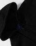 A black men's full-zip fleecy hoodie featuring a hood and a zipper, with a logo visible on the inside.