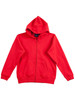 A red full-zip fleece hoodie with a hood and front pockets, featuring a logo.
