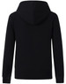 A black full-zip fleecy hoodie featuring a hood and ribbed cuffs. Includes a logo on the back.