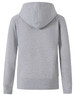 A grey ladies' full-zip fleecy hoodie with a hood and long sleeves, featuring a simple design and branding.