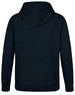A navy blue men's fleecy hoodie featuring a full hood and long sleeves, with a logo on the back.