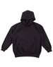 A black kids' fleece hoodie with a front pocket and a drawstring hood. It features a brand logo.
