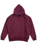 A burgundy kids' fleece hoodie featuring a kangaroo pocket and a large hood. It has a logo on the label.