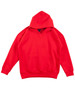 A red kids' fleece hoodie featuring a front pocket and a hood, with a logo on one side.