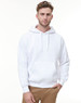 A white adult hoodie featuring a front pocket and drawstring hood, displayed by a model.