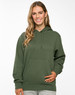 A green close front fleece hoodie with a kangaroo pocket and a hood, featuring a logo.