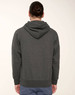 A dark grey adult hoodie with a close front and a hood, featuring a casual fit and ribbed bottom.