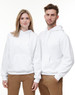 A white fleece hoodie with a front pocket is worn by a male and female model, showcasing the product's fit and style.