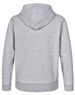 A grey hoodie featuring a close front and a hood, showcasing a simple back view. Includes a logo.