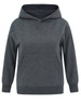 A grey kids' hoodie with a front pocket and hood, featuring a logo. Suitable for casual wear.