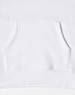 A white fleece hoodie featuring a front pocket and a smooth texture. It includes a logo detail.