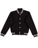 A black fleece varsity jacket featuring contrasting white stripes and buttons, with side pockets and a casual fit.