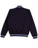 A navy blue kids' fleece varsity jacket featuring striped cuffs and collar, with a logo present.
