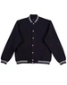 A black kid's fleece varsity jacket with white striped ribbing and a front button closure. It has a logo on the inside.