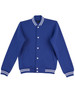 A blue kid's fleece varsity jacket with white striped cuffs and waistband, featuring a logo.