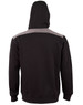 A black adult hoodie with a grey contrast across the shoulders and a hood. It features a logo on the garment.