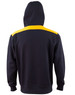 A navy hoodie with a yellow contrast stripe across the shoulders and a kangaroo pocket. It features a hood and branding.