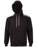 A black hoodie with a kangaroo pocket and grey contrast detailing, featuring a logo on the front.