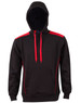 A black hoodie with contrasting red accents and a kangaroo pocket, featuring a logo on the chest.
