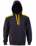 A navy hoodie with yellow contrast detailing and a front kangaroo pocket, featuring a hood and drawstrings.