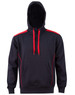 A black hoodie with red accents and a kangaroo pocket, featuring a hood and drawstrings. Includes a logo.