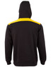 A black hoodie featuring a contrast yellow panel across the shoulders and a hood. The back view shows the design details.
