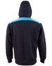 A black hoodie with a blue contrast panel across the shoulders and a hood. It features a logo on the back.