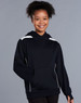 A young girl wearing a navy blue hoodie with white contrast detailing and a kangaroo pocket.