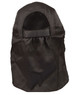 A black poly cotton legionnaire hat with an open back and an adjustable strap. It features a logo on the side.