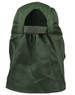 A green poly cotton legionnaire hat with an open back and an attached strap. Features a logo on the side.