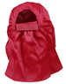 A red poly cotton legionnaire hat with a neck flap and an adjustable strap at the back. Features a logo.
