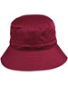 A red bucket hat with a wide brim, featuring a toggle and a logo.