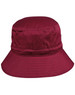 A maroon bucket hat with a wide brim and a toggle fastening, featuring a logo on the side.