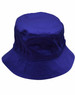 A blue bucket hat with a toggle, featuring a wide brim. The hat has a smooth finish and includes a logo.