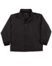 A black varsity jacket featuring a button-up front, side pockets, and elastic cuffs. Includes a logo.
