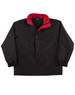 A black varsity jacket with a red collar, featuring a front snap closure and elasticated cuffs.