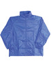 A blue outdoor activity spray jacket with a full zip and elasticated cuffs, featuring a logo.